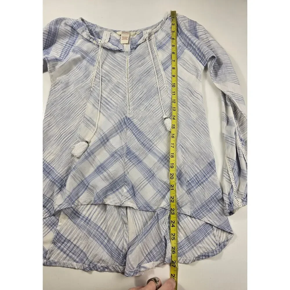 SUNDANCE XS Blue White Plaid Eyelet Pullover Boho Cotton Long Sleeve Top EUC - Picture 6 of 7